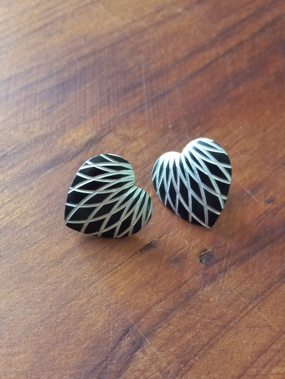 Black and Silver Tone Heart Stud Earrings Geometric Pattern